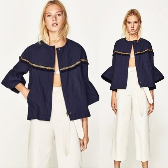 Zara Basic Western Navy Blue Bell Sleeve Fringe Aztec Trim Jacket Size XS NWT - Picture 1 of 16